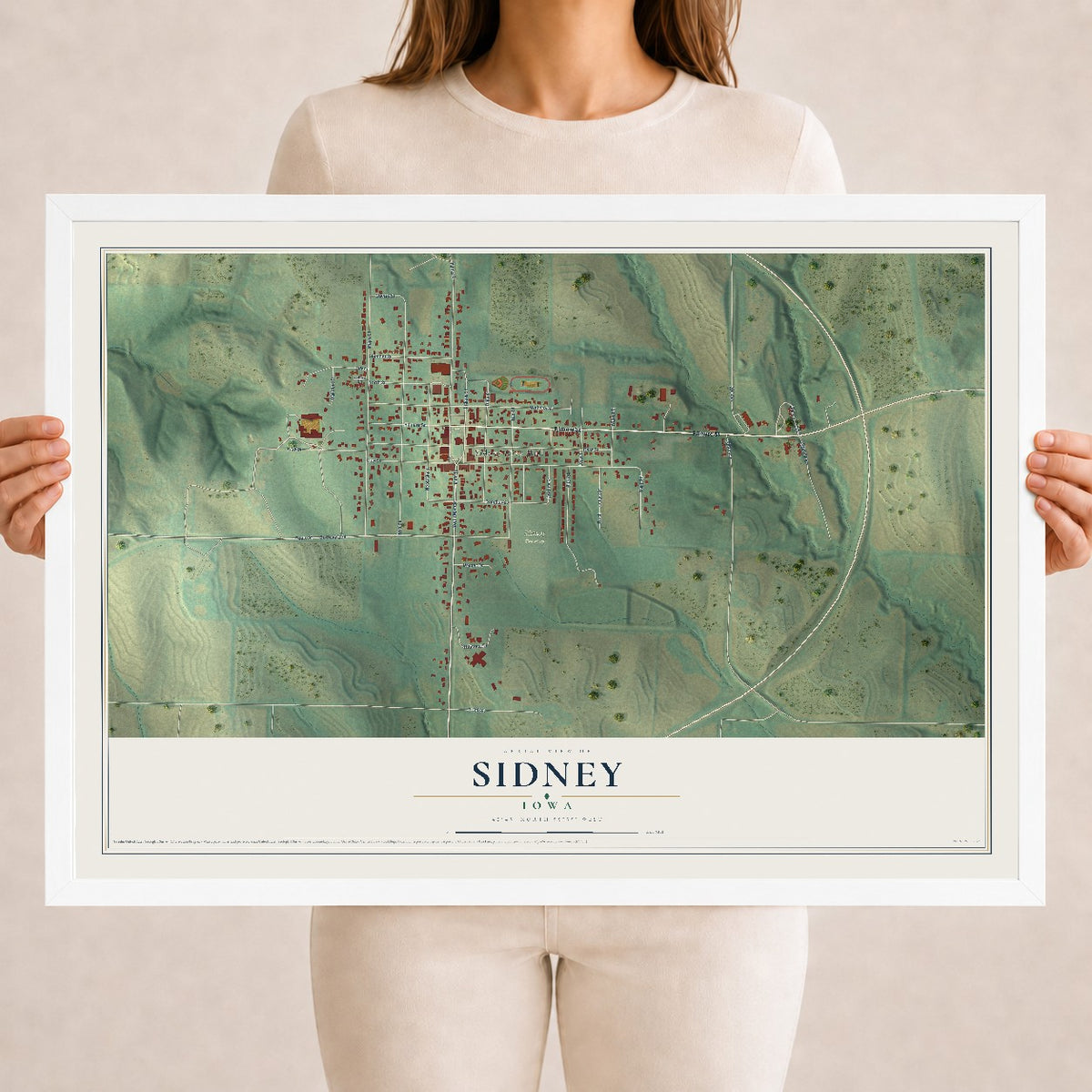 Map of Sidney, Iowa, 18 x 24 inch print in a white wood frame