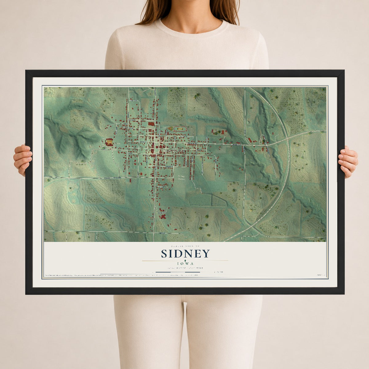 Map of Sidney, Iowa, 24 x 36 inch print in a black wood frame