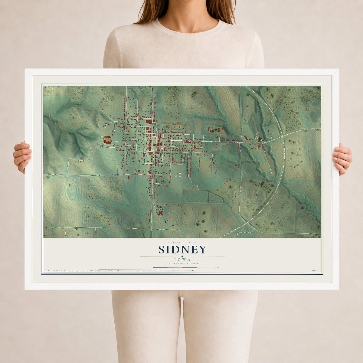 Map of Sidney, Iowa, 24 x 36 inch print in a white wood frame