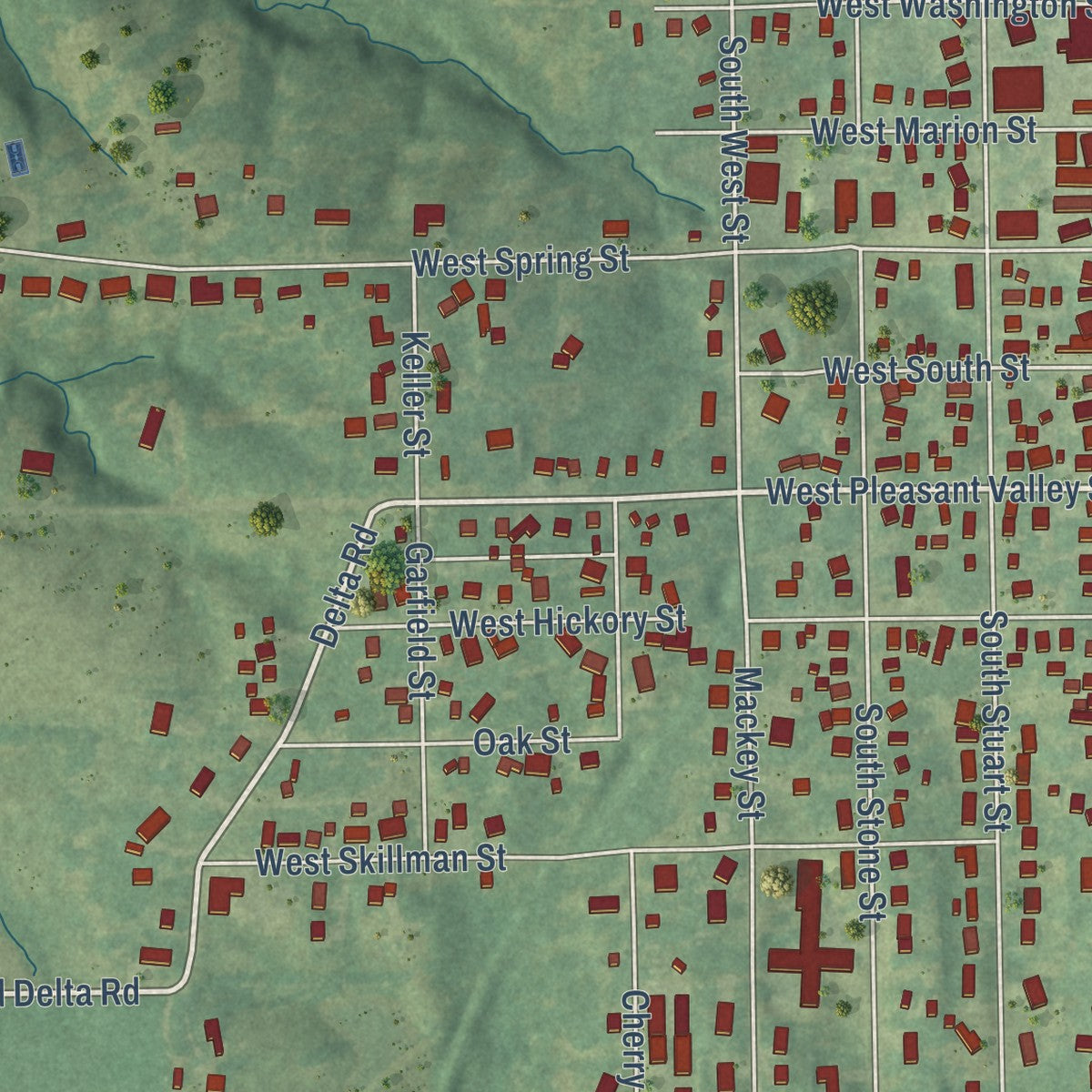 Second close-up of the map of Sigourney, Iowa print showing more streets and buildings
