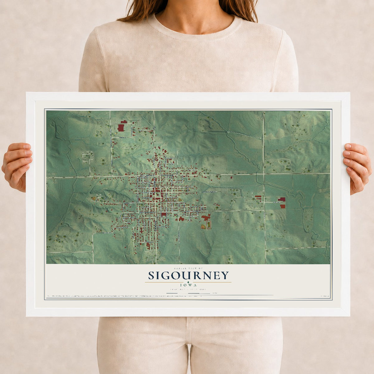 Map of Sigourney, Iowa, 12 x 18 inch print in a white wood frame