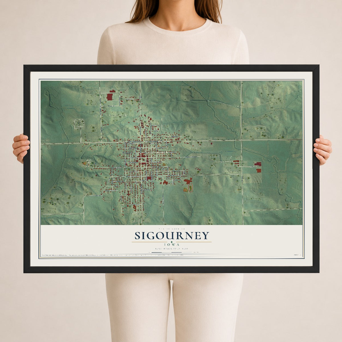 Map of Sigourney, Iowa, 24 x 36 inch print in a black wood frame