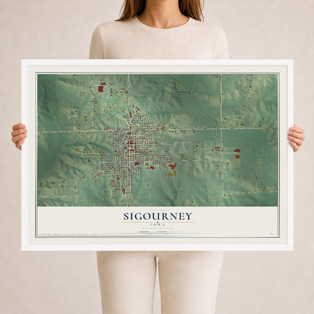 Map of Sigourney, Iowa, 24 x 36 inch print in a white wood frame