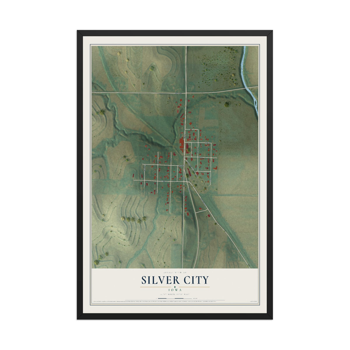 Map of Silver City, Iowa, 12 x 18 inch print in a black wood frame