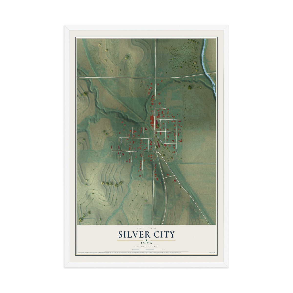 Map of Silver City, Iowa, 12 x 18 inch print in a white wood frame