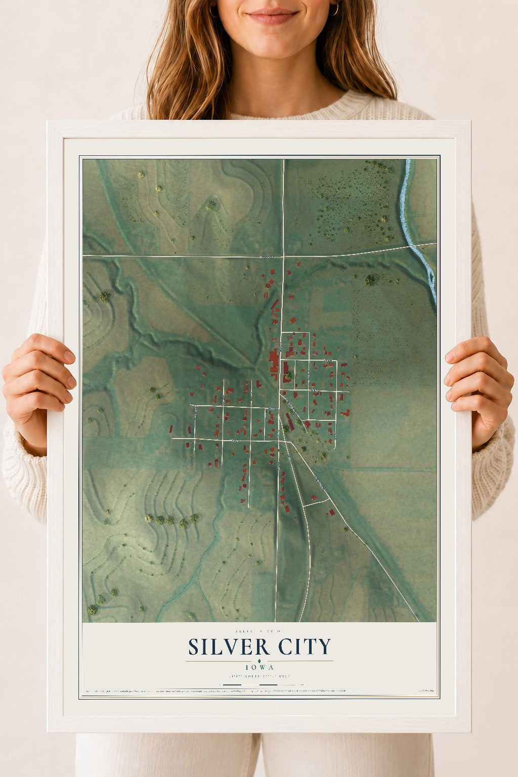 Map of Silver City, Iowa, 18 x 24 inch print in a white wood frame
