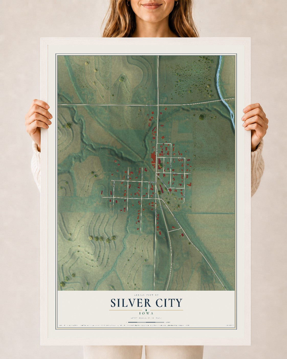 Map of Silver City, Iowa, 24 x 36 inch print in a white wood frame