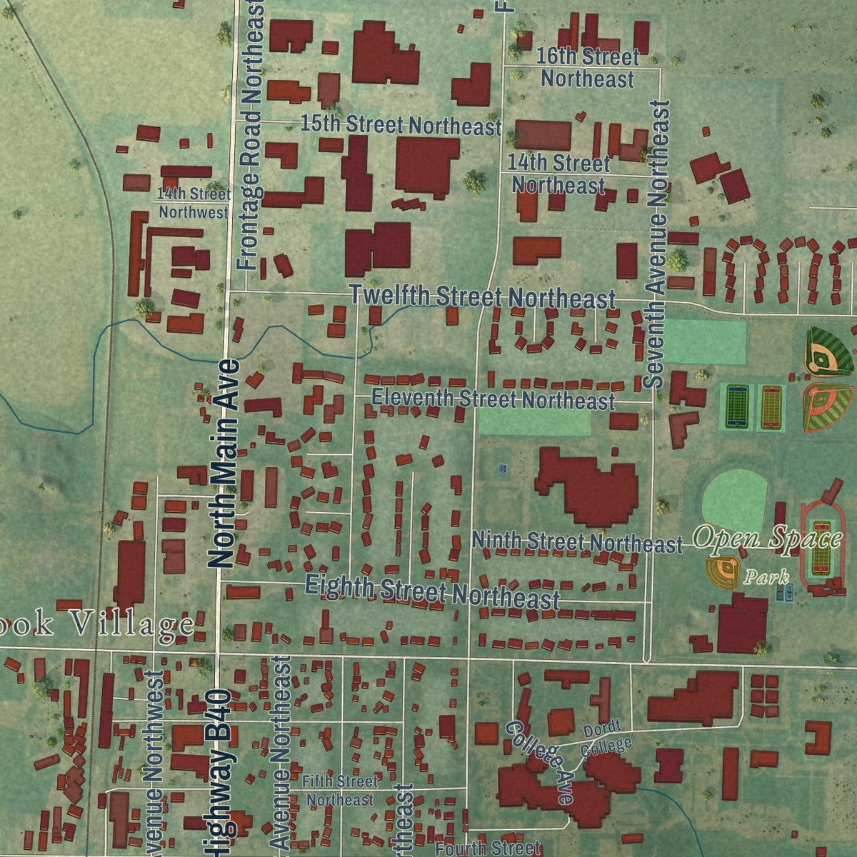 Close-up of the map of Sioux Center, Iowa print showing street and building detail