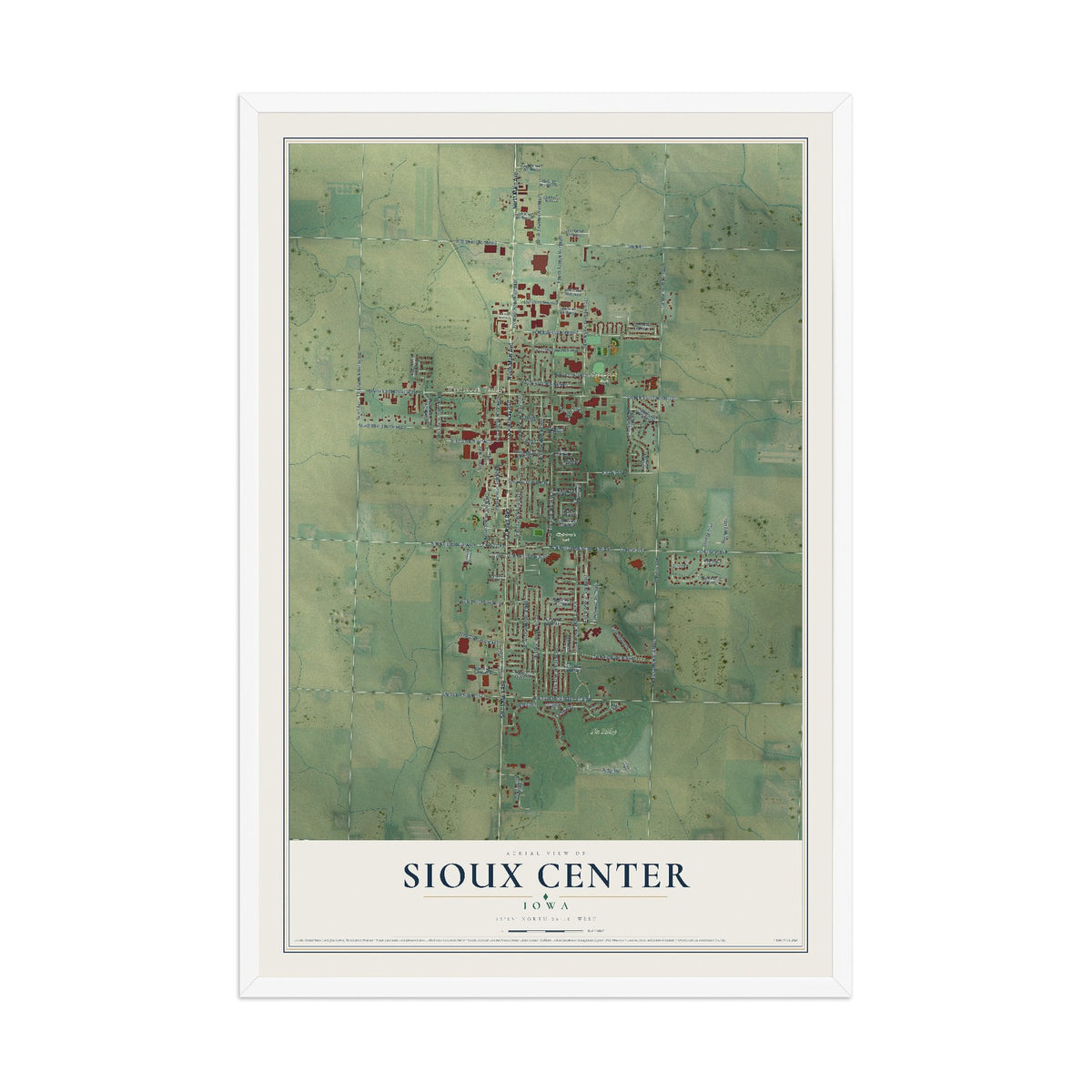 Map of Sioux Center, Iowa, 12 x 18 inch print in a white wood frame