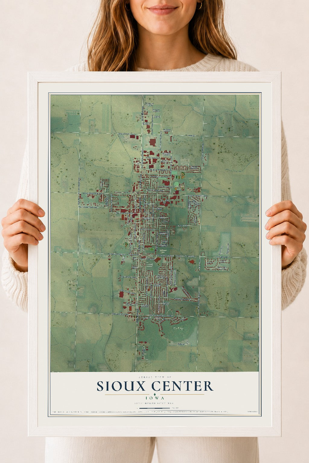 Map of Sioux Center, Iowa, 18 x 24 inch print in a white wood frame