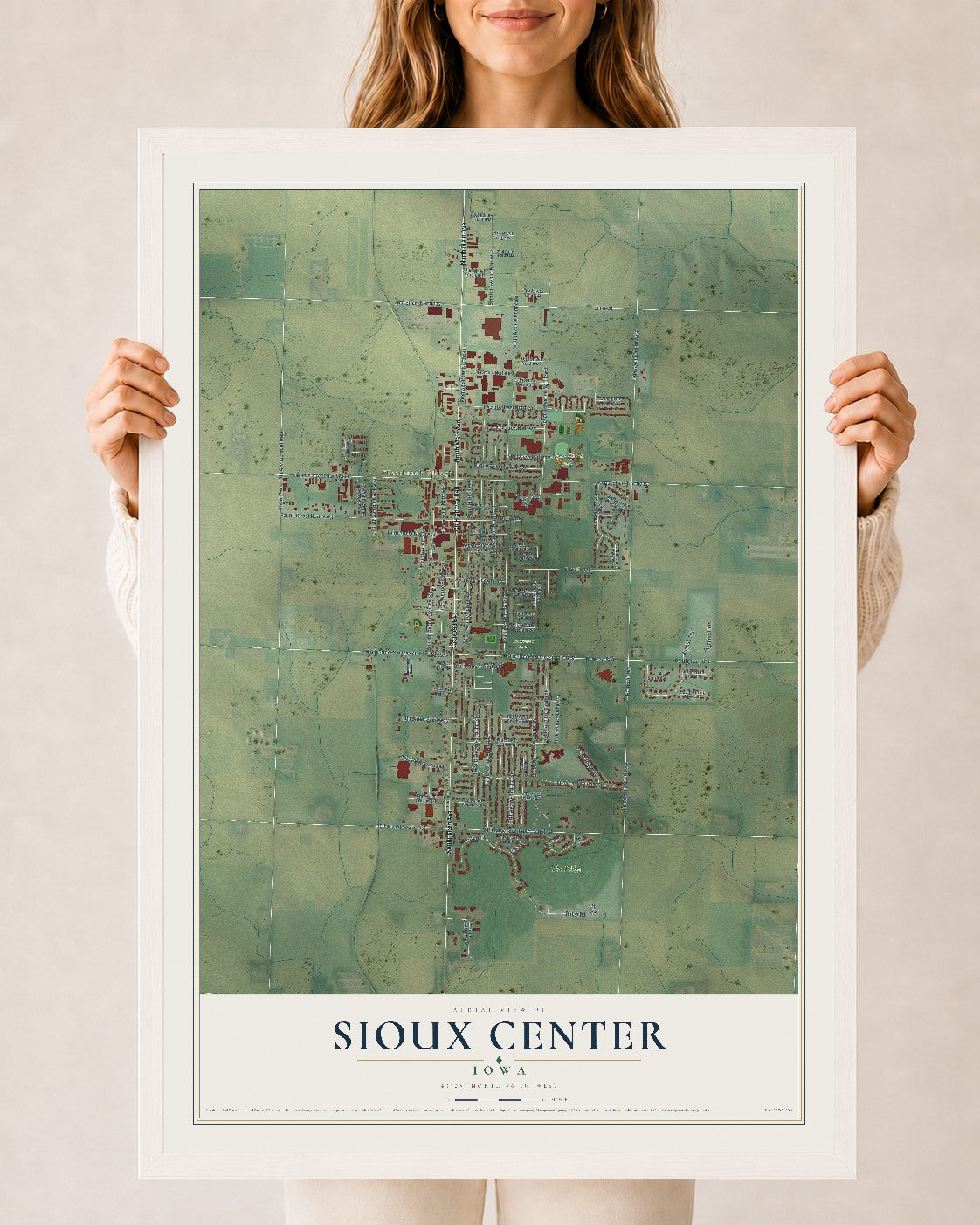 Map of Sioux Center, Iowa, 24 x 36 inch print in a white wood frame