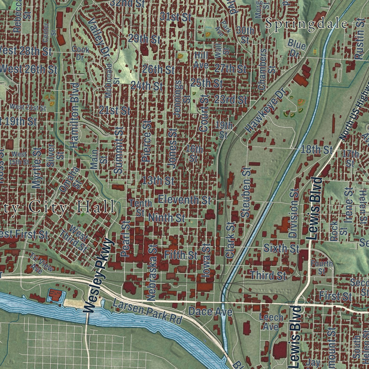 Close-up of the map of Sioux City, Iowa print showing street and building detail