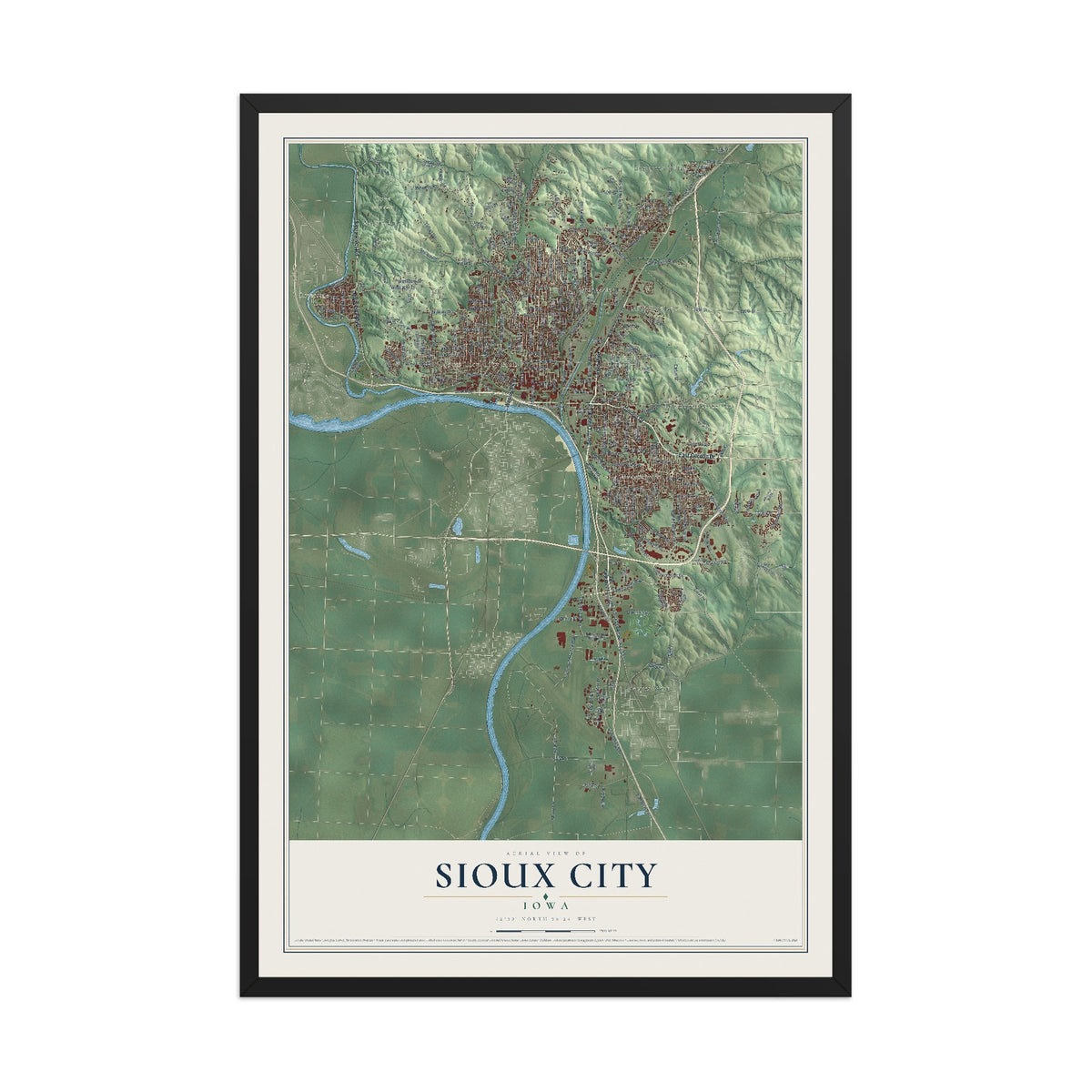 Map of Sioux City, Iowa, 12 x 18 inch print in a black wood frame