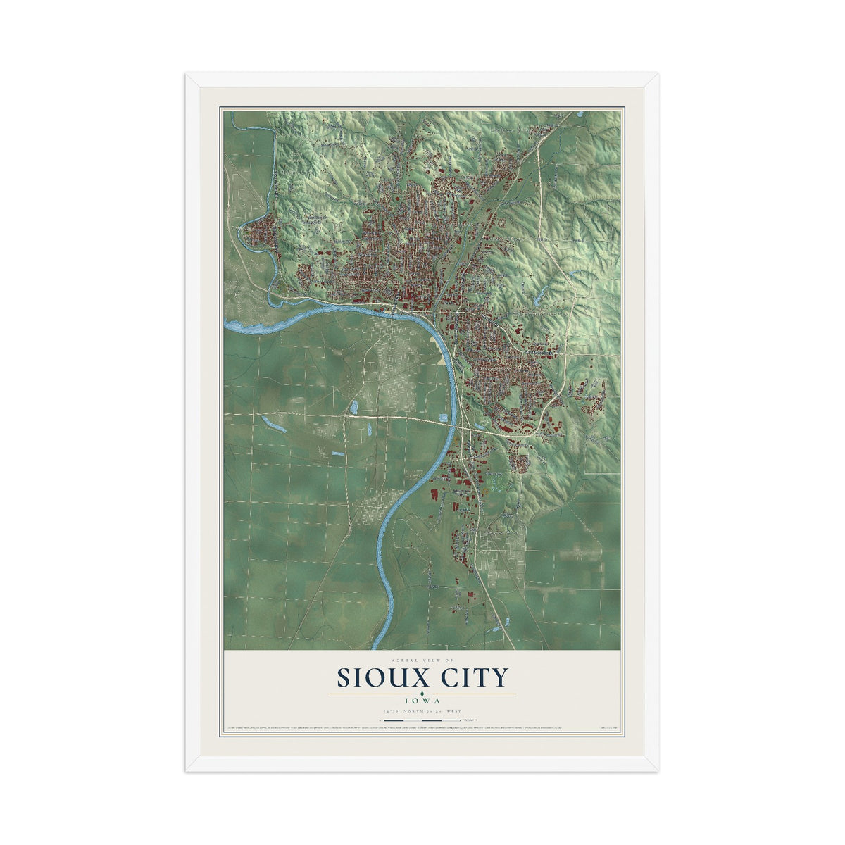 Map of Sioux City, Iowa, 12 x 18 inch print in a white wood frame