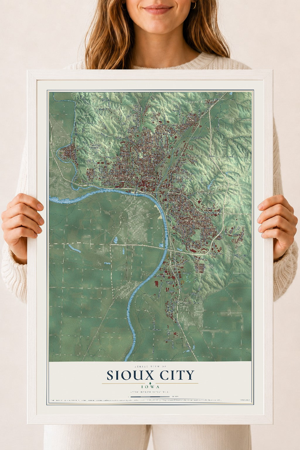 Map of Sioux City, Iowa, 18 x 24 inch print in a white wood frame