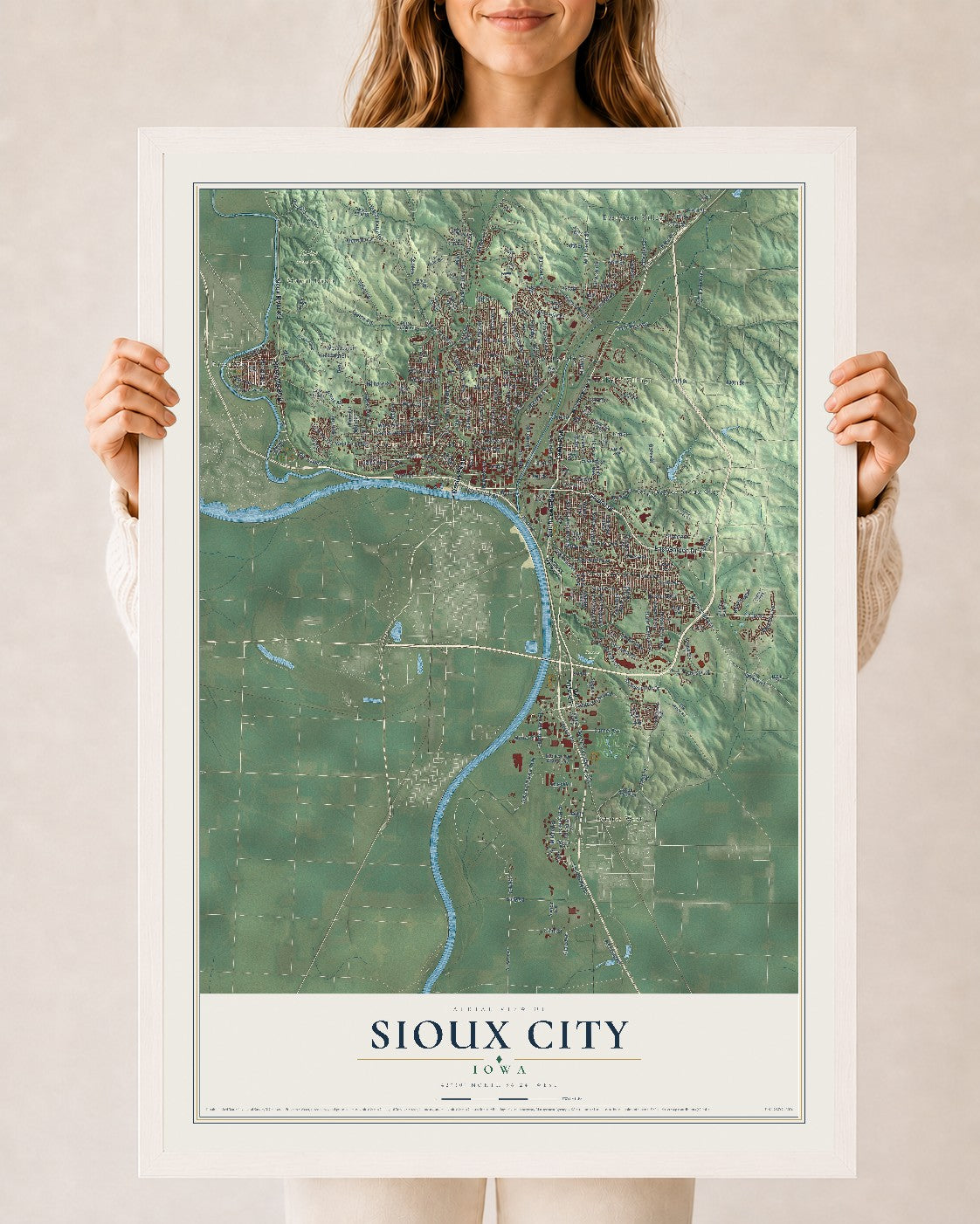 Map of Sioux City, Iowa, 24 x 36 inch print in a white wood frame