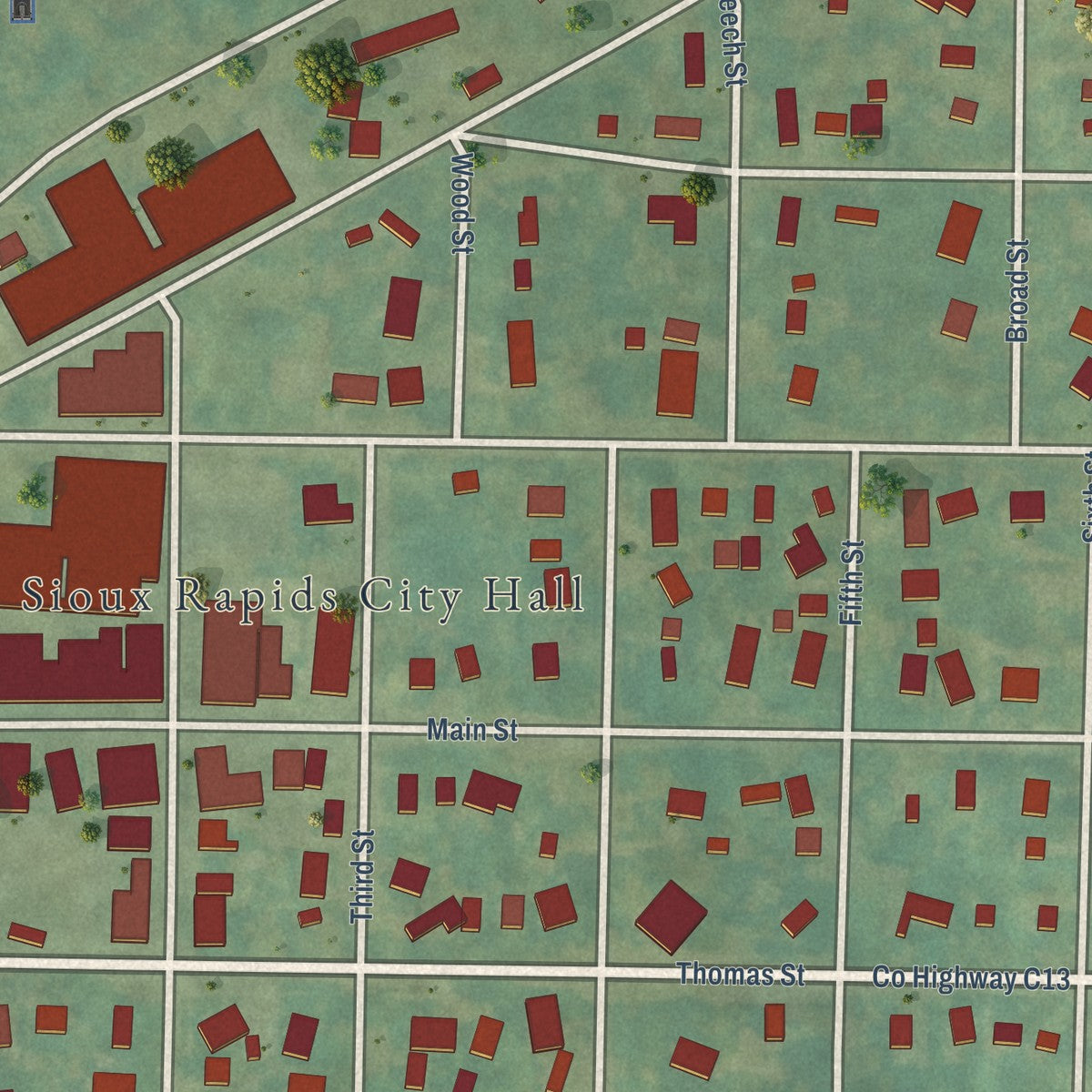 Close-up of the map of Sioux Rapids, Iowa print showing street and building detail