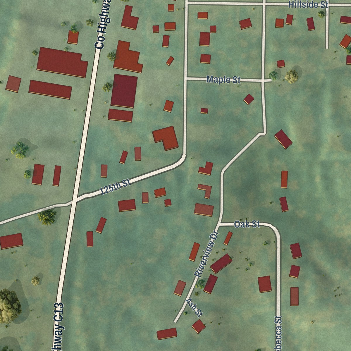 Second close-up of the map of Sioux Rapids, Iowa print showing more streets and buildings
