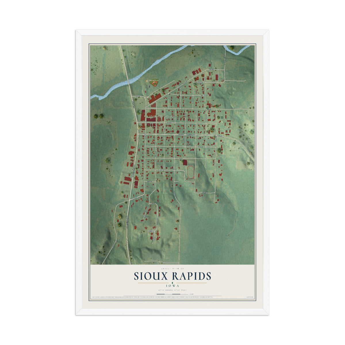 Map of Sioux Rapids, Iowa, 12 x 18 inch print in a white wood frame