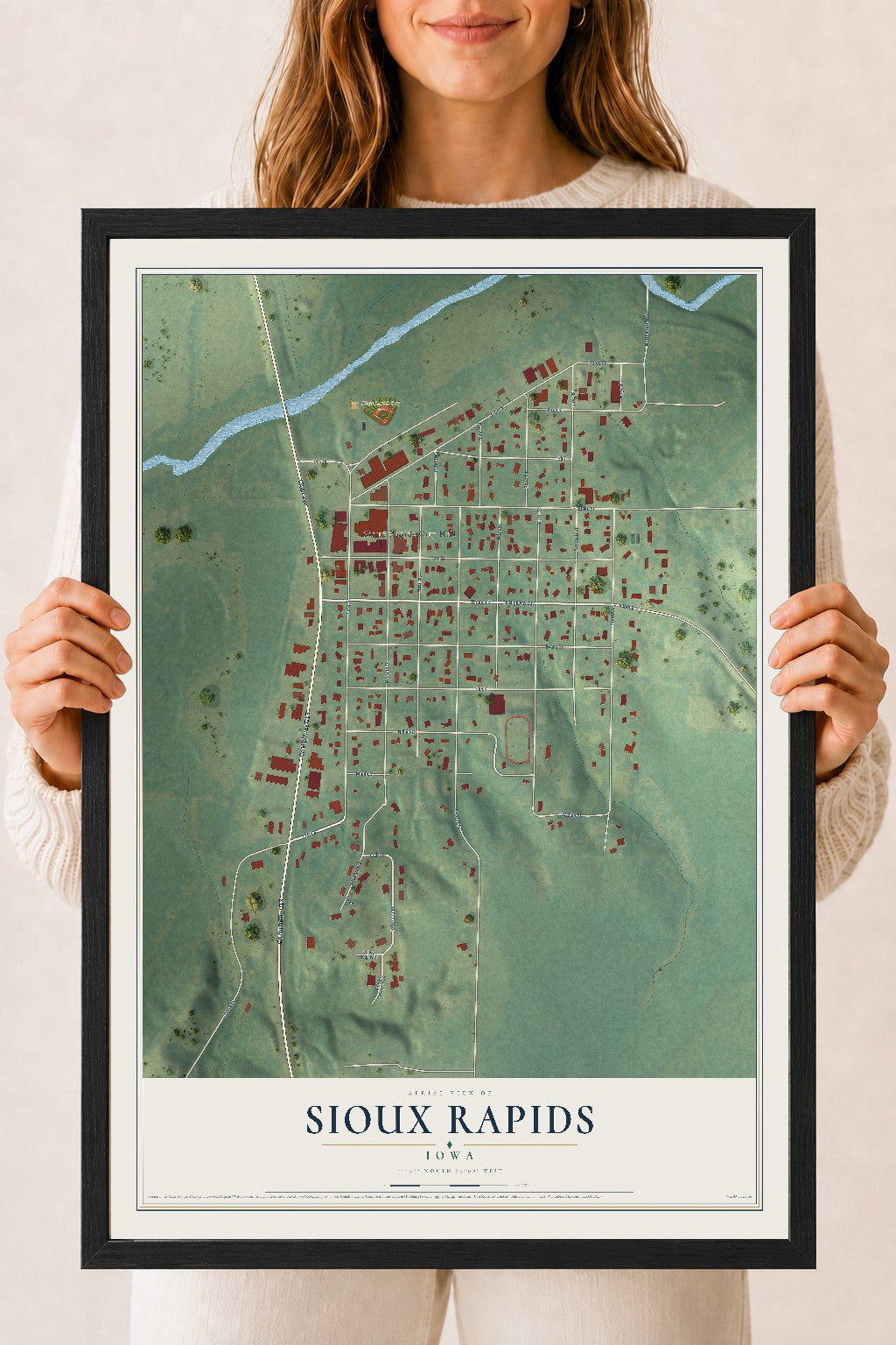 Map of Sioux Rapids, Iowa, 18 x 24 inch print in a black wood frame