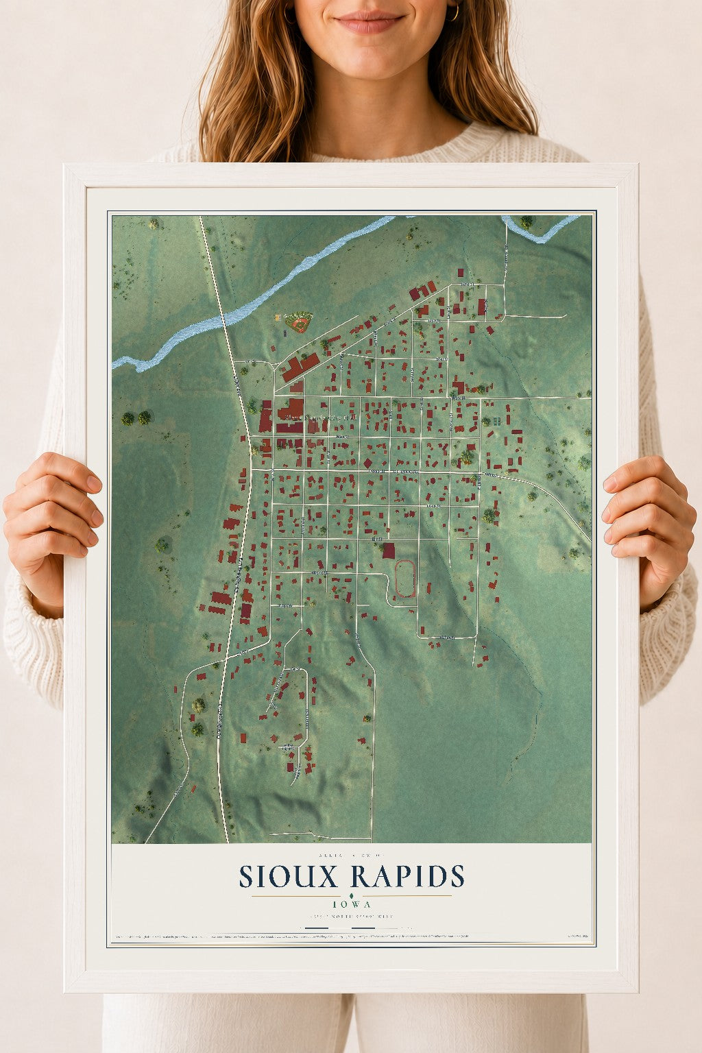 Map of Sioux Rapids, Iowa, 18 x 24 inch print in a white wood frame