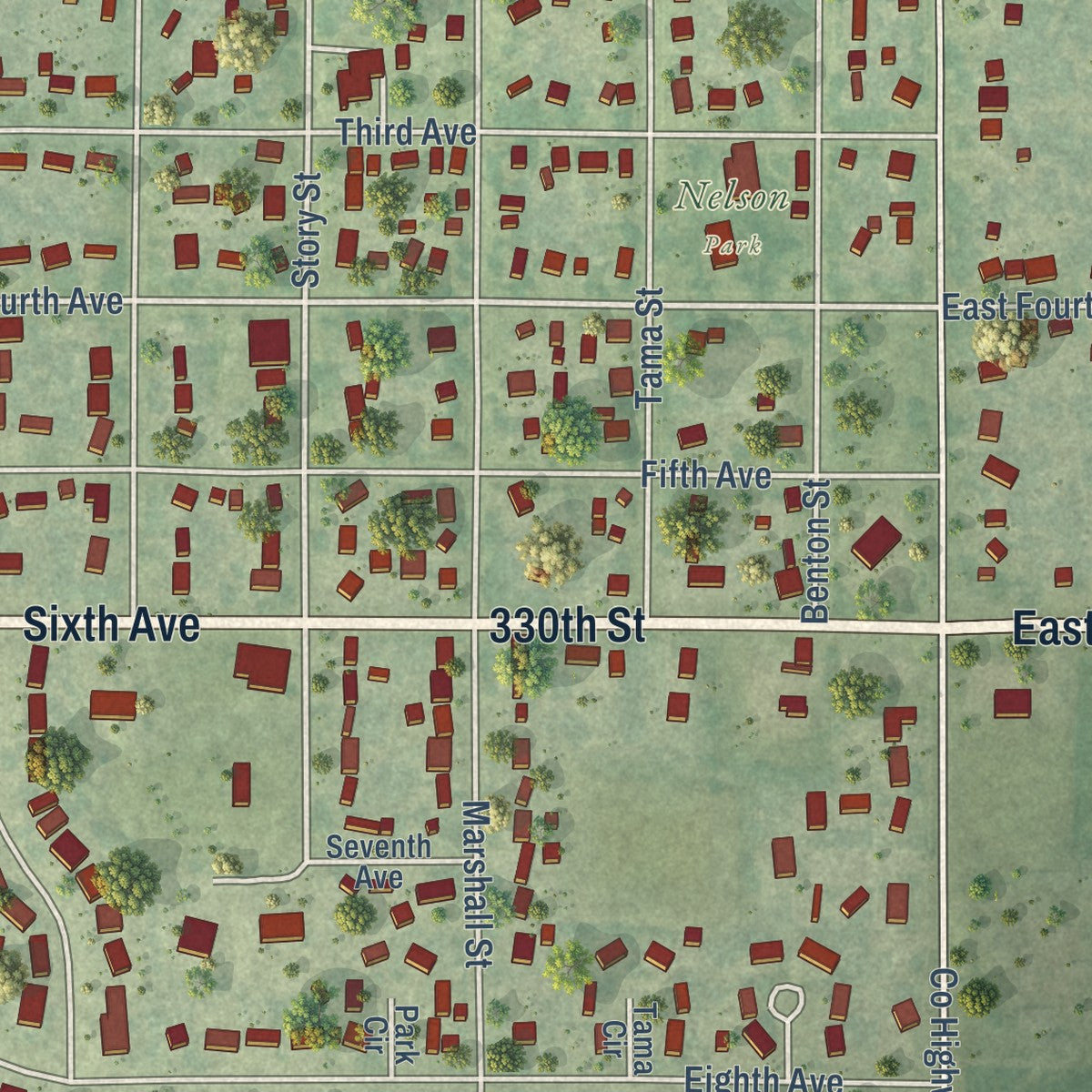 Close-up of the map of Slater, Iowa print showing street and building detail