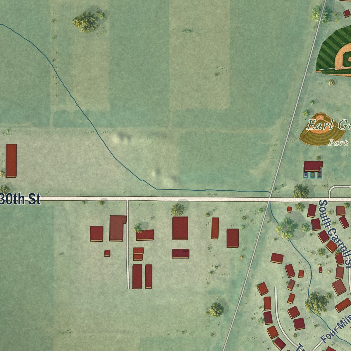 Second close-up of the map of Slater, Iowa print showing more streets and buildings