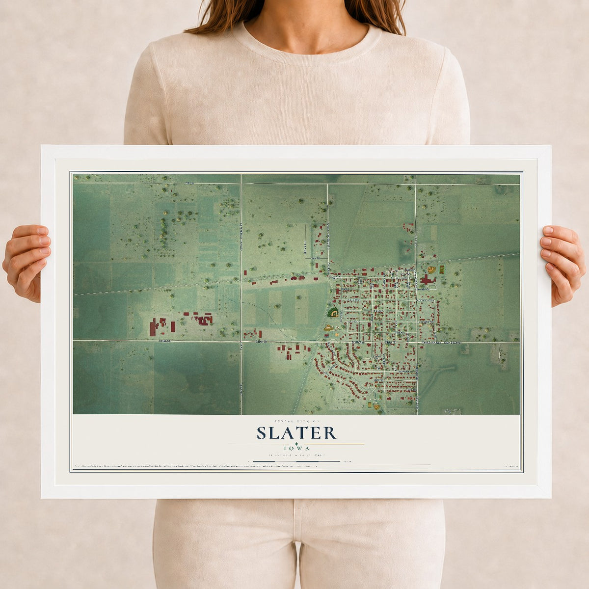 Map of Slater, Iowa, 12 x 18 inch print in a white wood frame