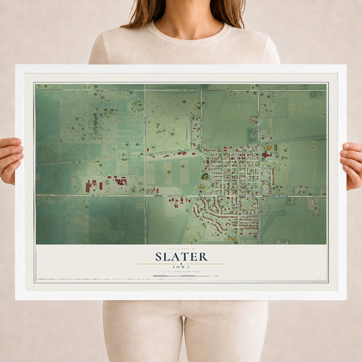 Map of Slater, Iowa, 18 x 24 inch print in a white wood frame