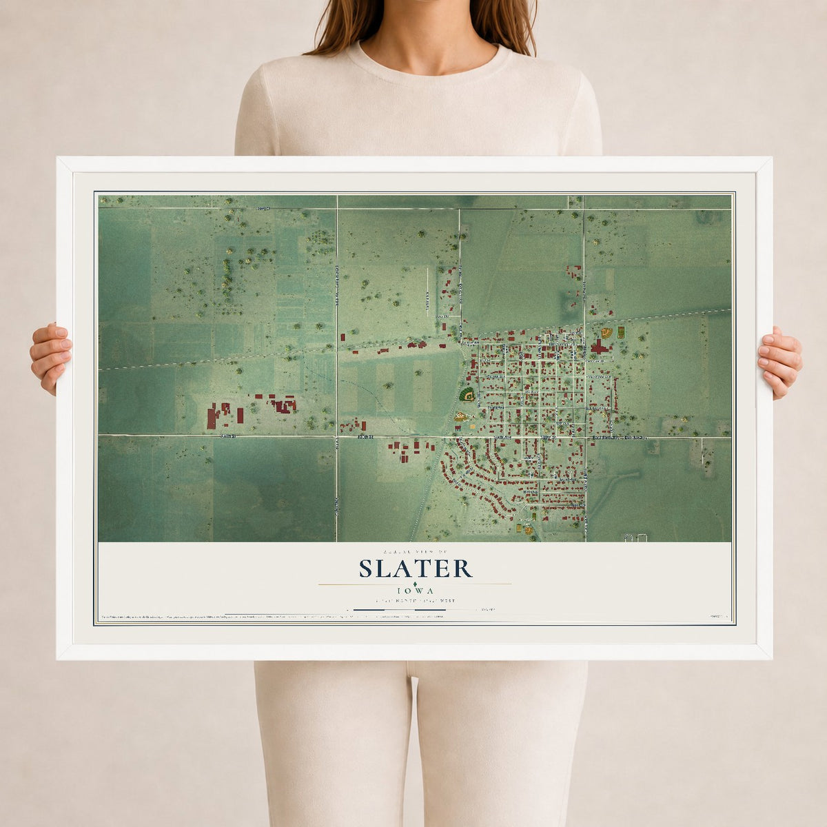 Map of Slater, Iowa, 24 x 36 inch print in a white wood frame