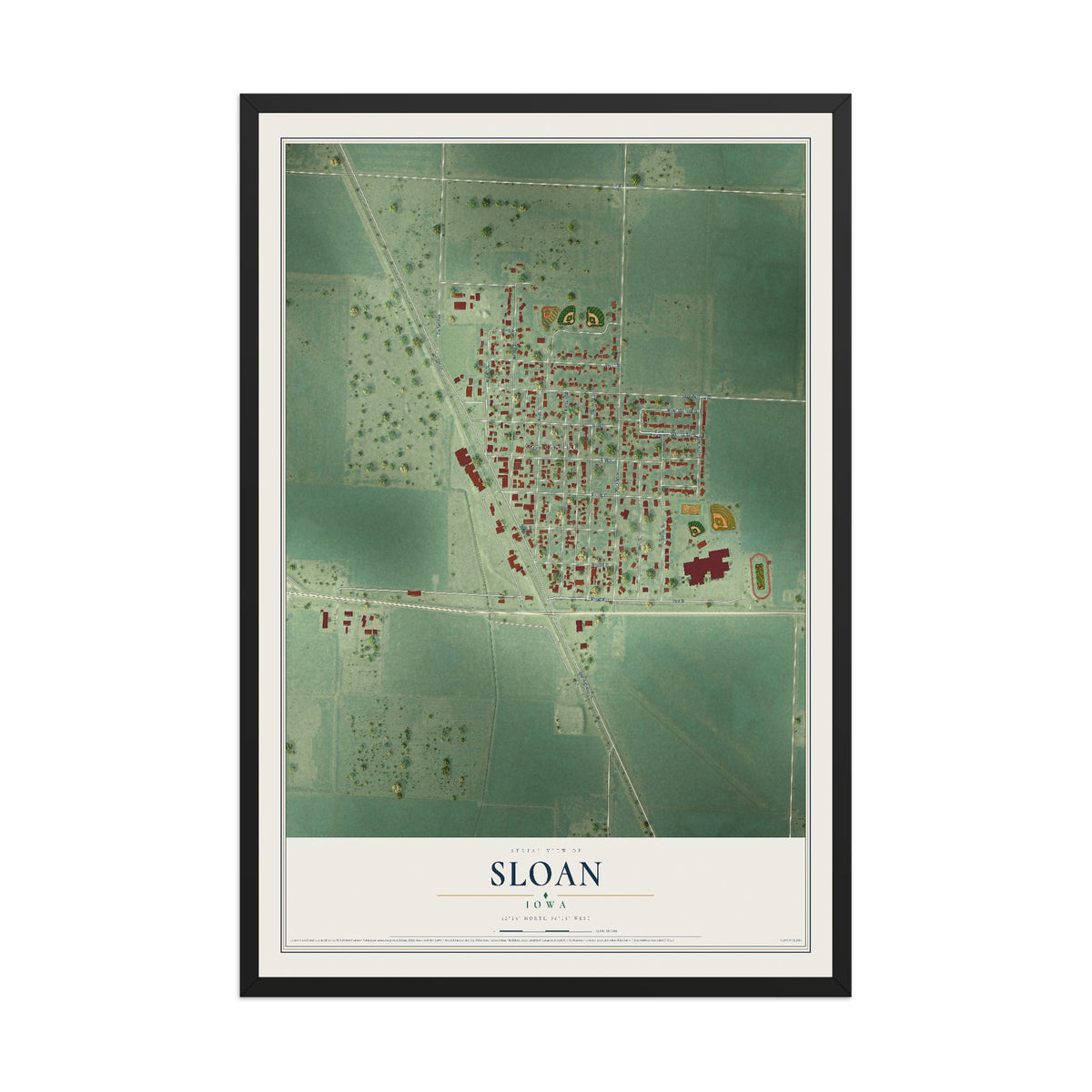 Map of Sloan, Iowa, 12 x 18 inch print in a black wood frame
