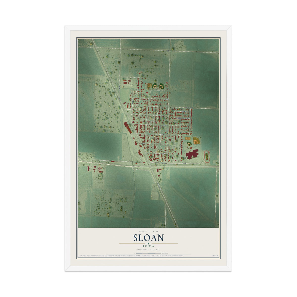 Map of Sloan, Iowa, 12 x 18 inch print in a white wood frame