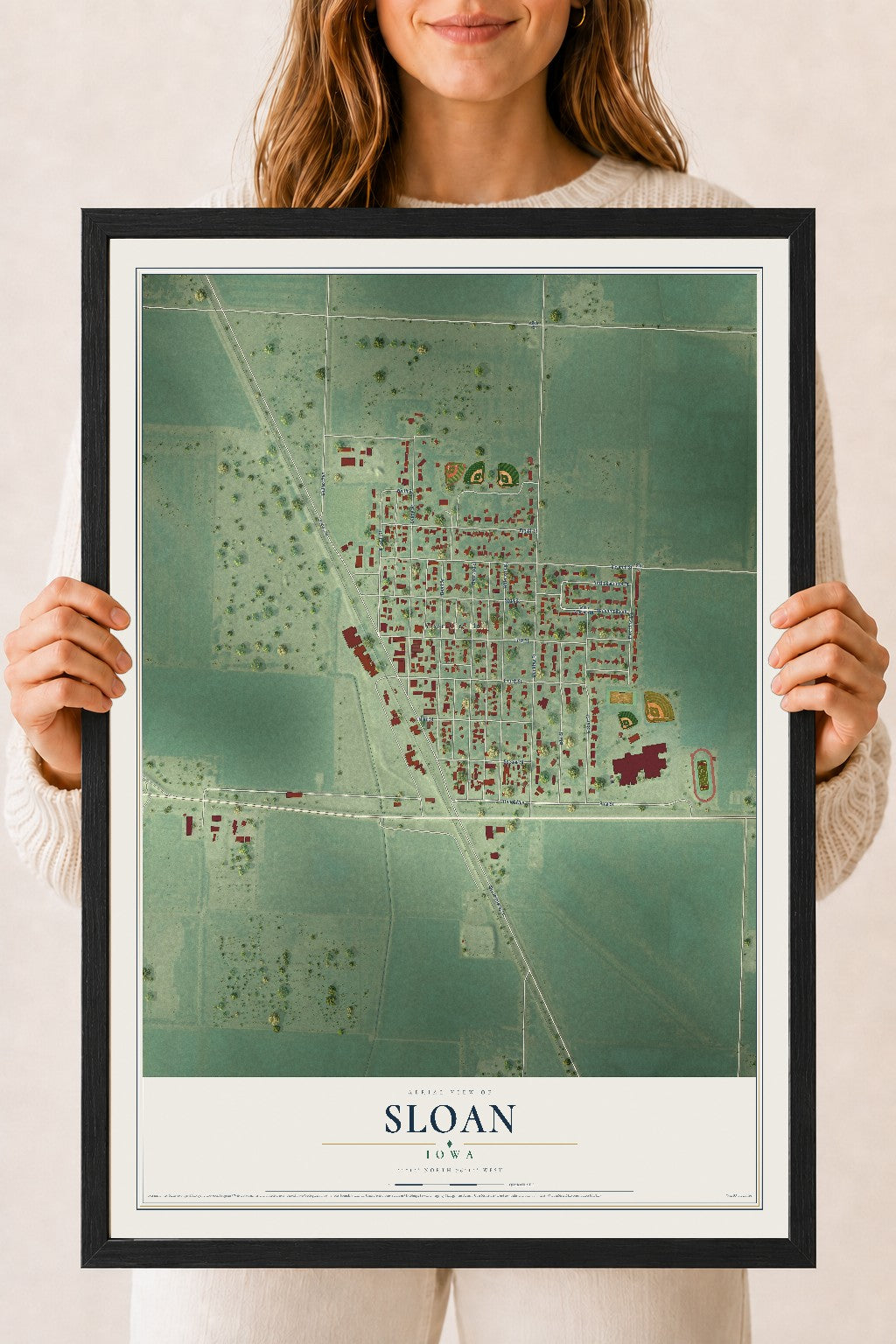 Map of Sloan, Iowa, 18 x 24 inch print in a black wood frame