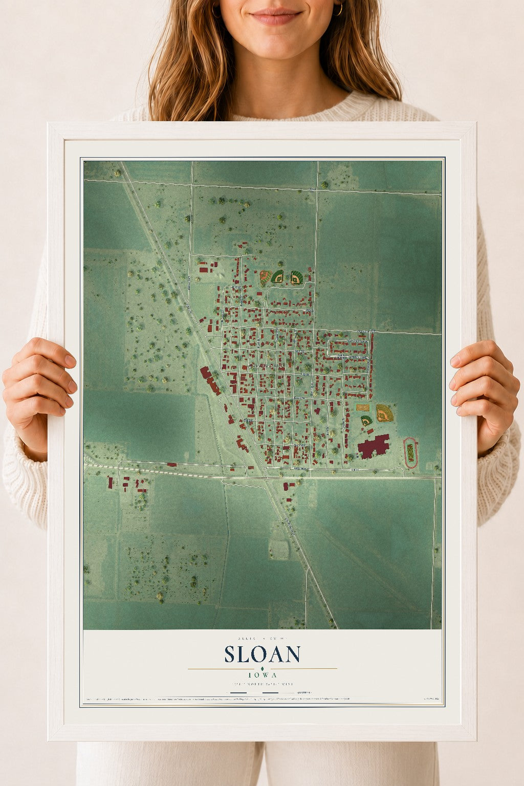 Map of Sloan, Iowa, 18 x 24 inch print in a white wood frame