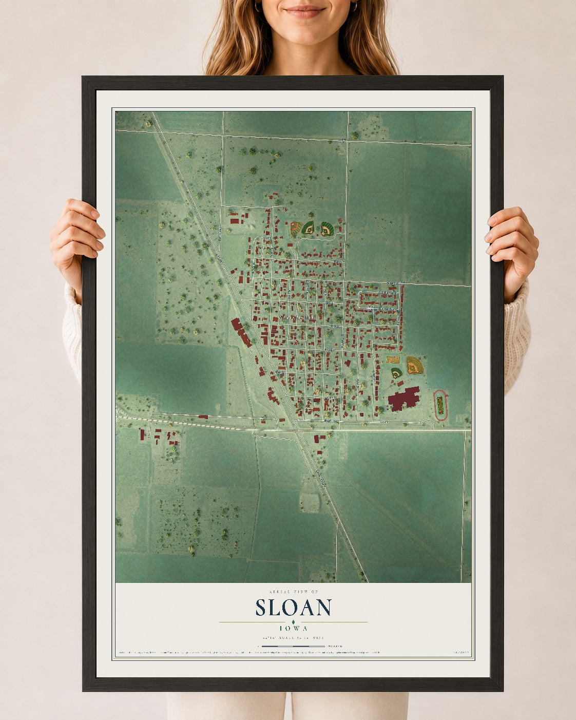 Map of Sloan, Iowa, 24 x 36 inch print in a black wood frame