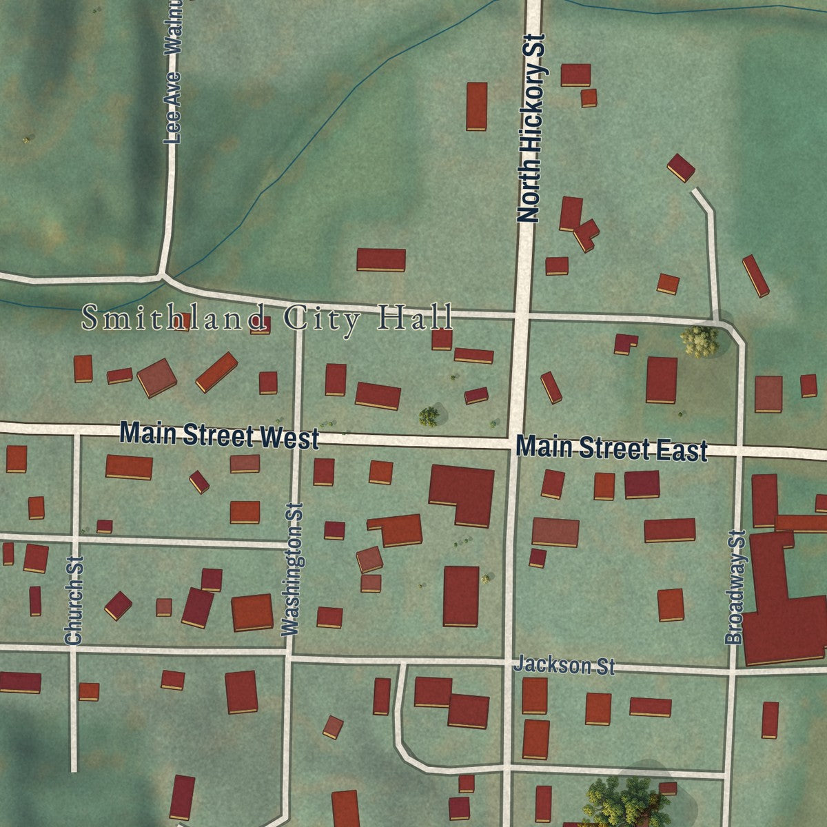 Close-up of the map of Smithland, Iowa print showing street and building detail