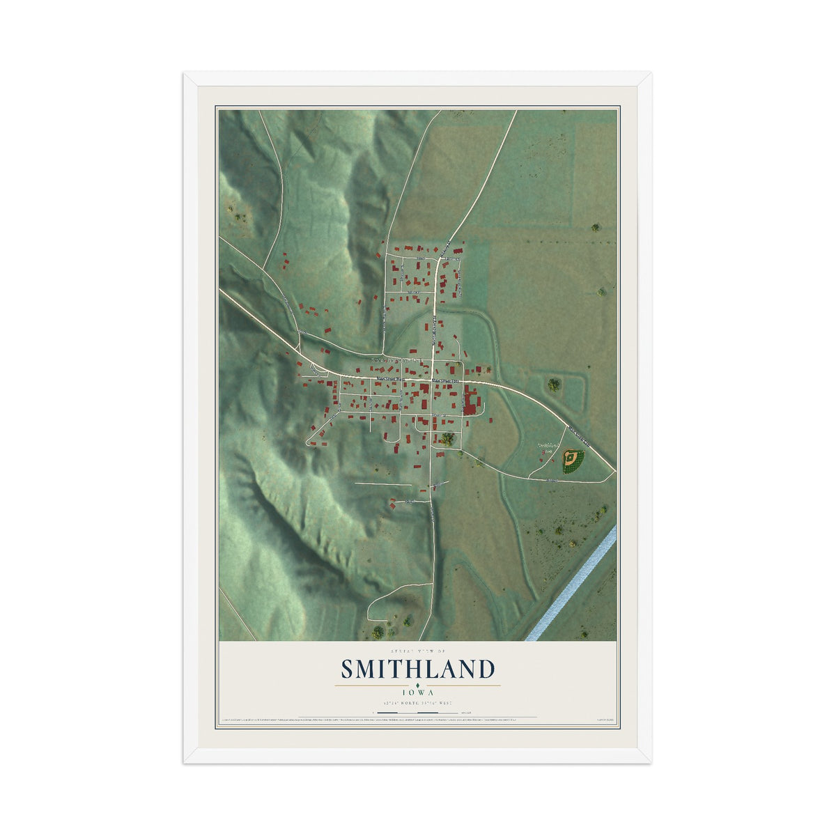 Map of Smithland, Iowa, 12 x 18 inch print in a white wood frame