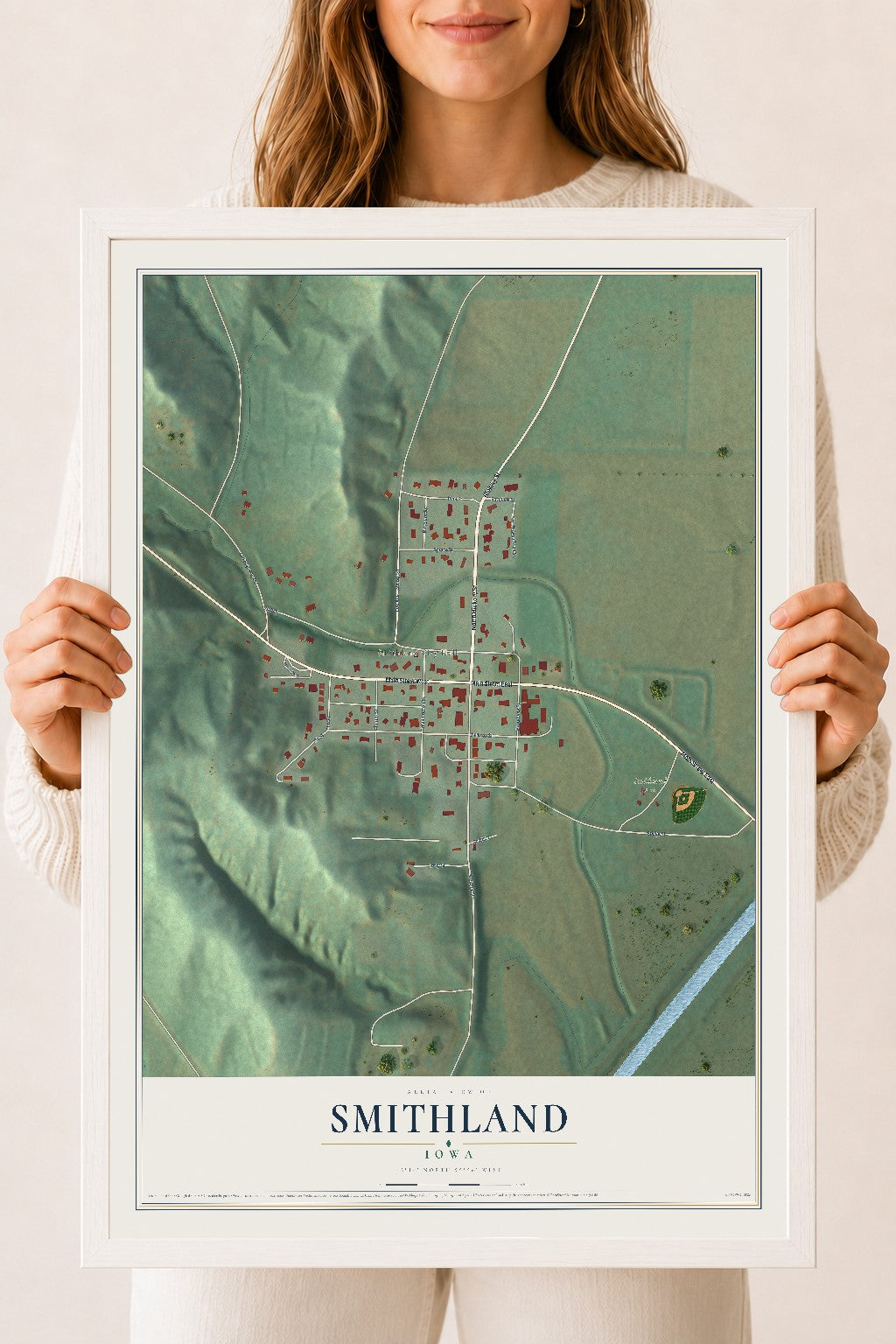 Map of Smithland, Iowa, 18 x 24 inch print in a white wood frame