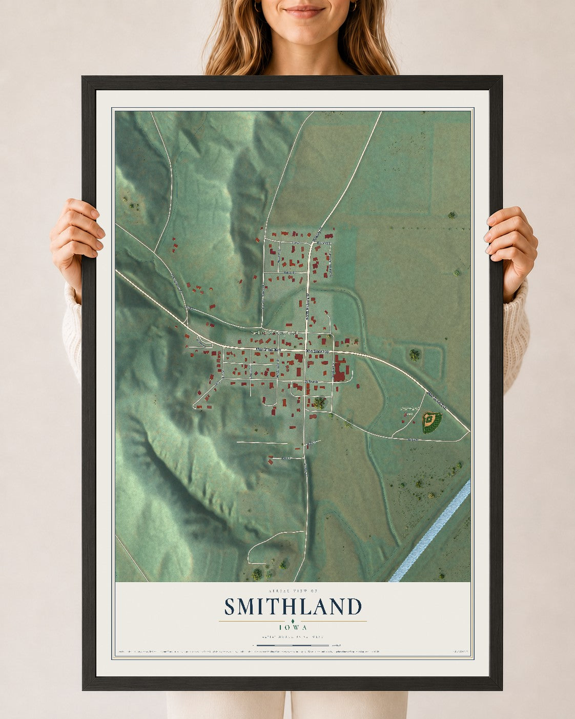 Map of Smithland, Iowa, 24 x 36 inch print in a black wood frame