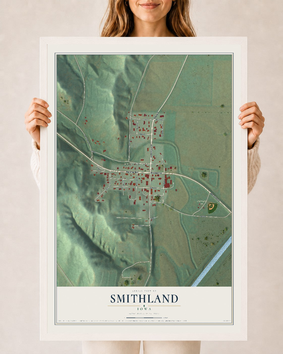 Map of Smithland, Iowa, 24 x 36 inch print in a white wood frame