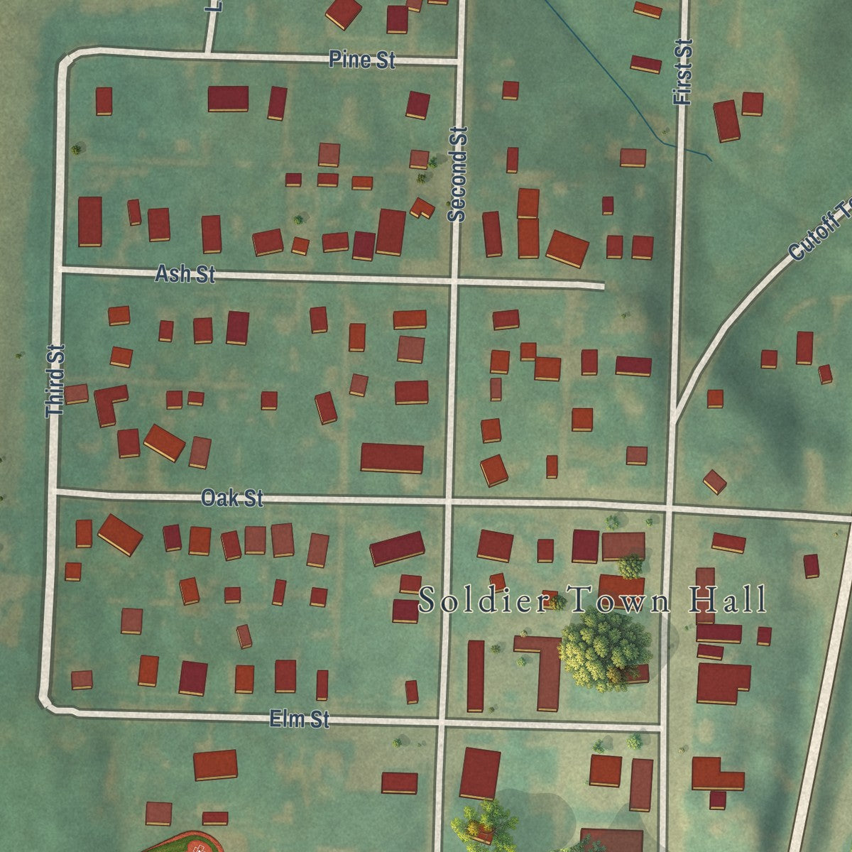Close-up of the map of Soldier, Iowa print showing street and building detail