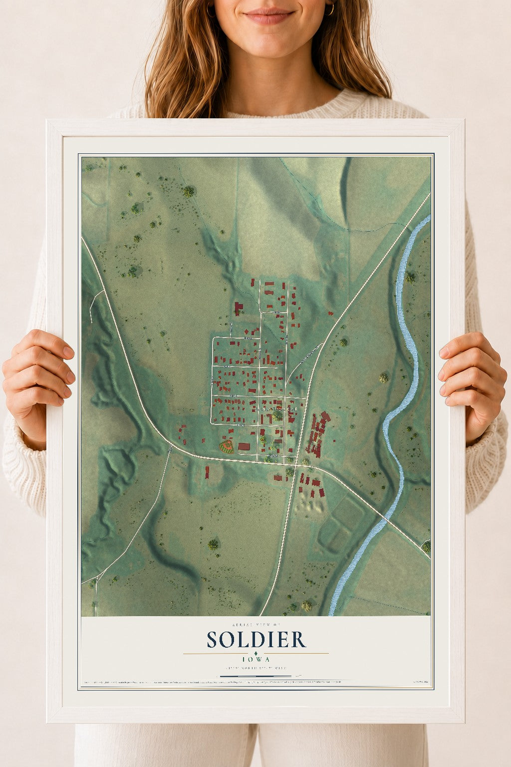 Map of Soldier, Iowa, 18 x 24 inch print in a white wood frame