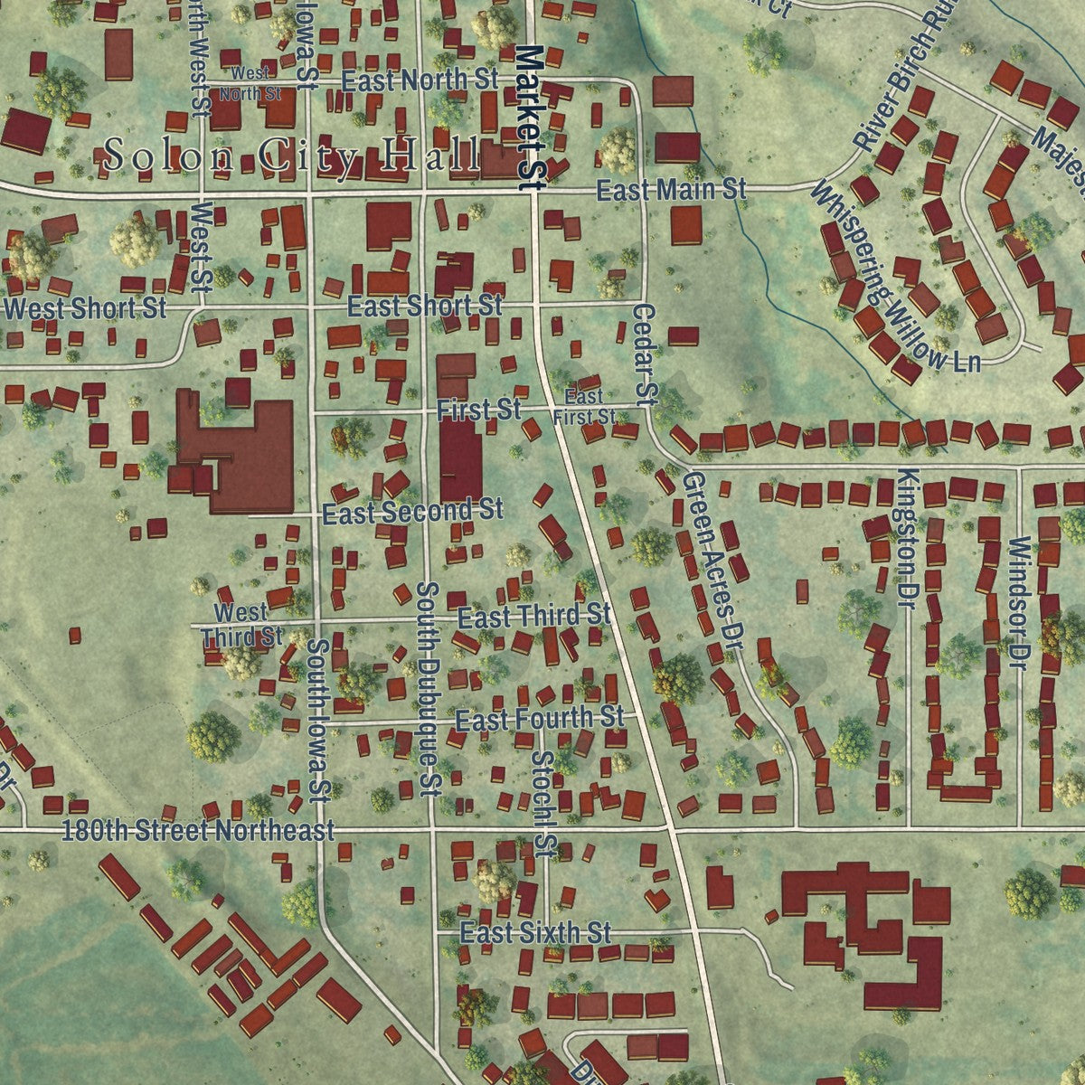 Close-up of the map of Solon, Iowa print showing street and building detail