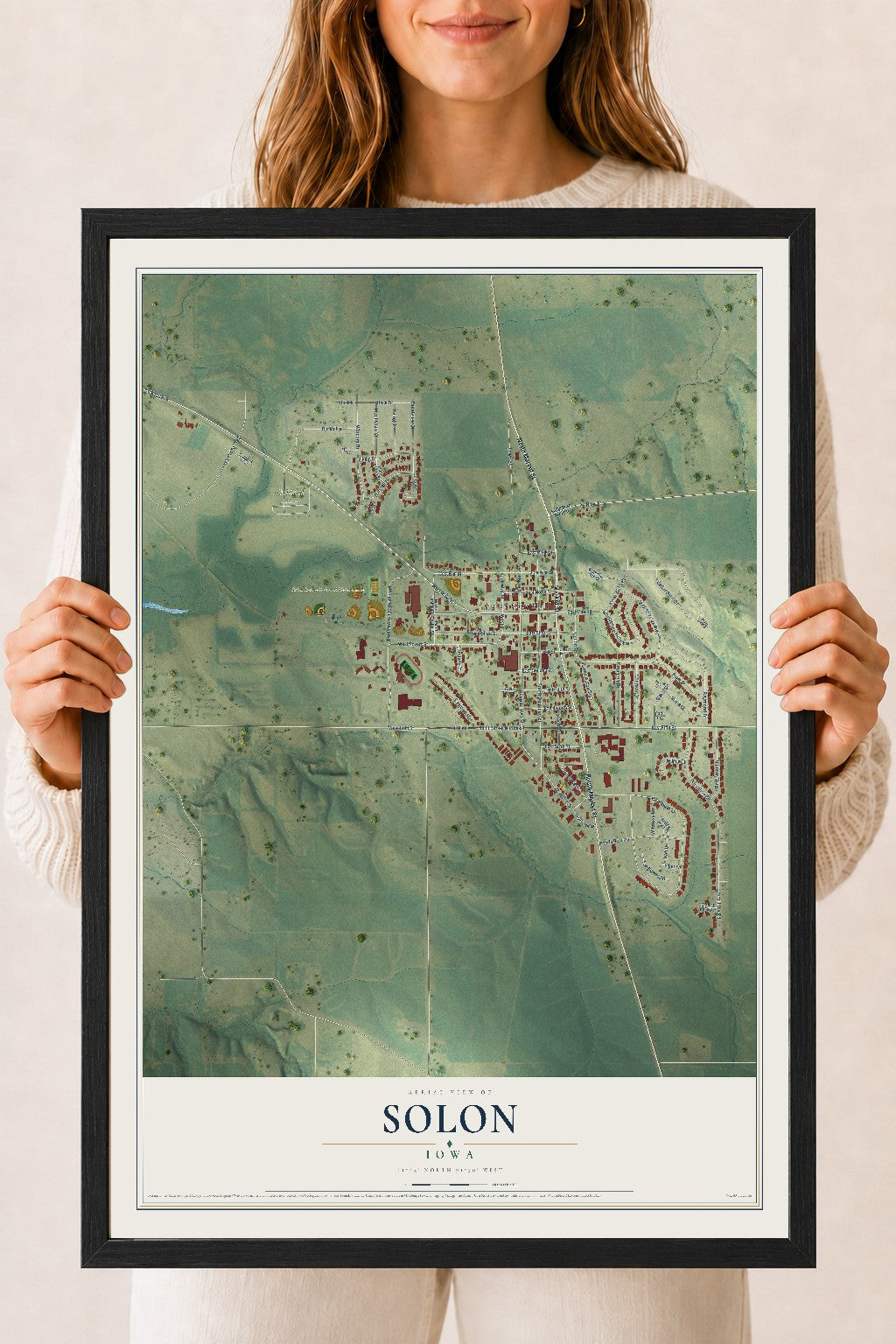 Map of Solon, Iowa, 18 x 24 inch print in a black wood frame