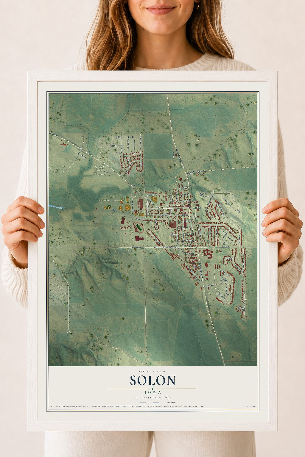 Map of Solon, Iowa, 18 x 24 inch print in a white wood frame