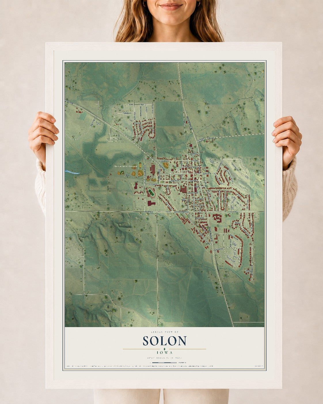 Map of Solon, Iowa, 24 x 36 inch print in a white wood frame