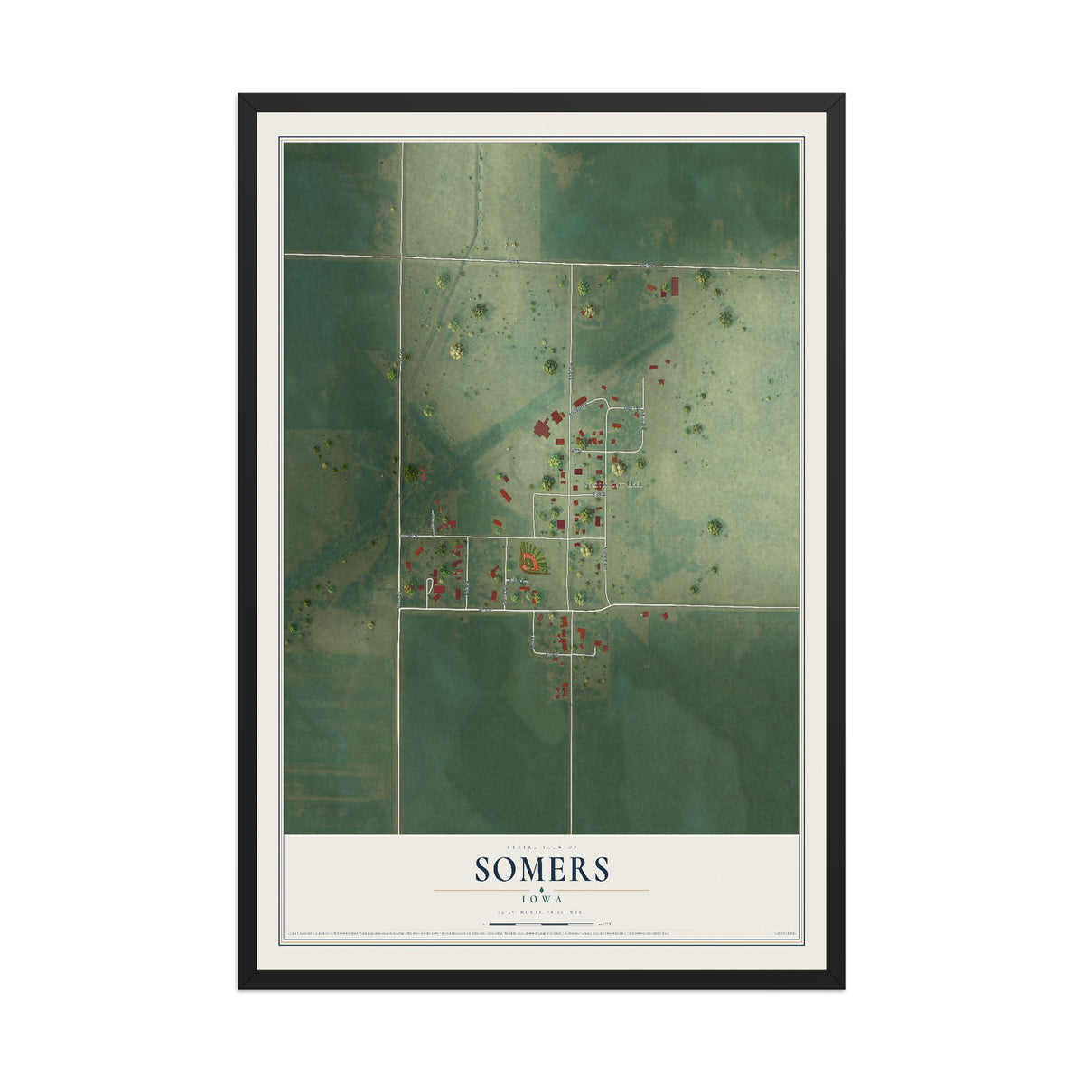 Map of Somers, Iowa, 12 x 18 inch print in a black wood frame