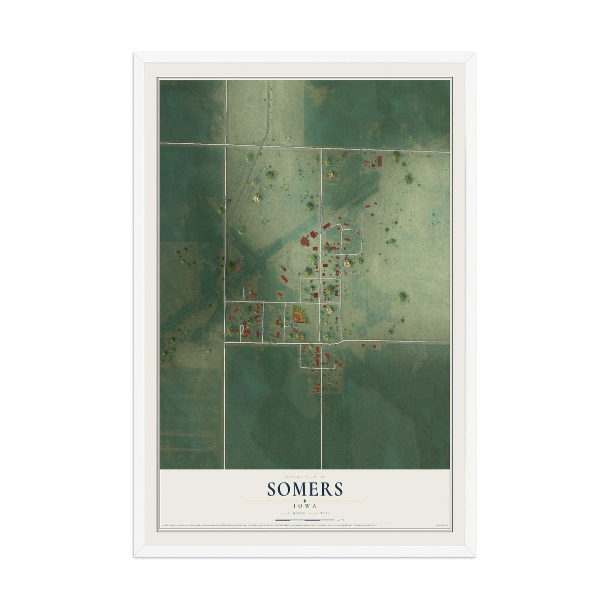 Map of Somers, Iowa, 12 x 18 inch print in a white wood frame