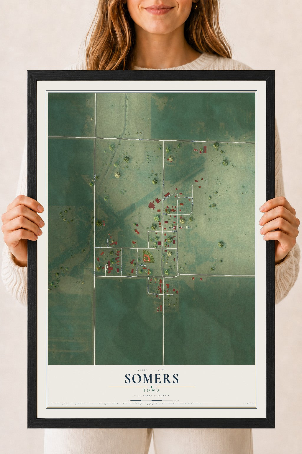 Map of Somers, Iowa, 18 x 24 inch print in a black wood frame