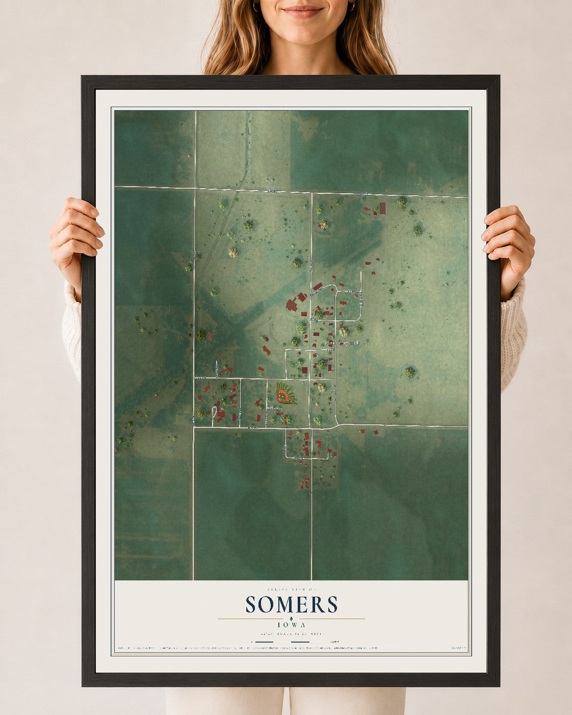 Map of Somers, Iowa, 24 x 36 inch print in a black wood frame